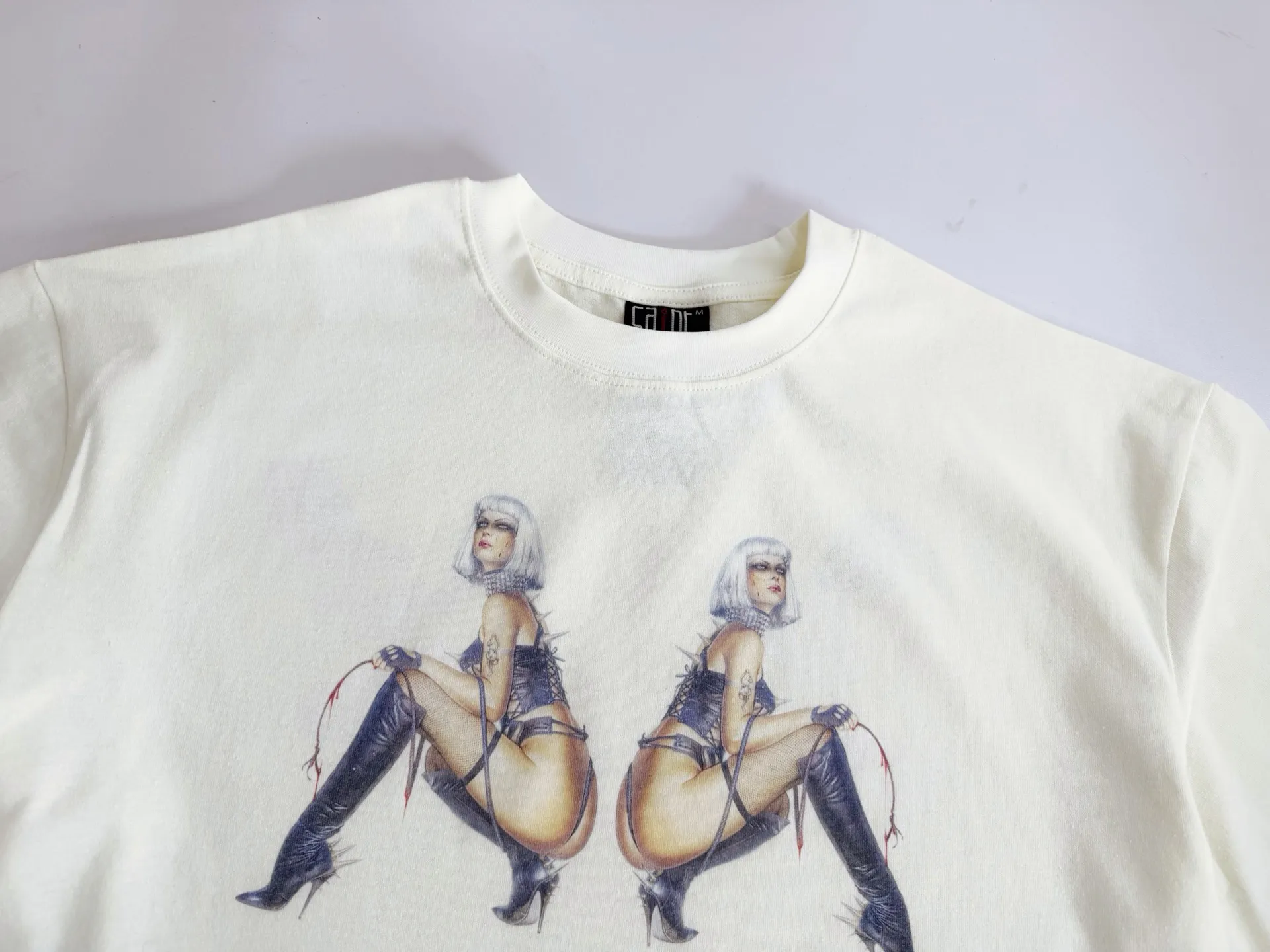 ❥8044#P130 Saint Mxxxxxx Sexy Robot Short Sleeves are made of soft cotton fabric, comfortable and breathable to wear.  White ink direct printing process Size: (S-M-L-XL) Color: Beige
